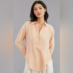 Anthropologie Boho Beach Gauzy Cotton V-Neck Side Button Orange Medium